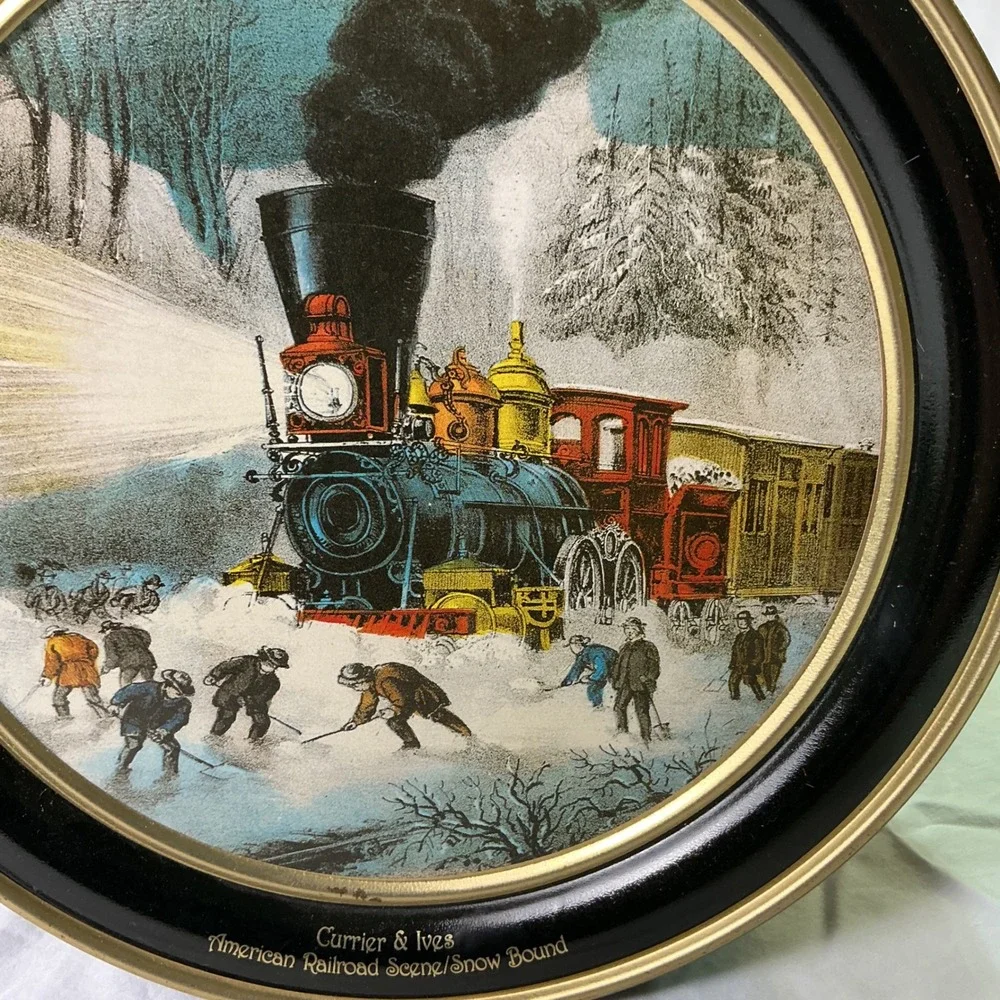 Vintage‎ Currier & Ives Snow Bound Railroad Scene Large Round Cookie Tin 10.5